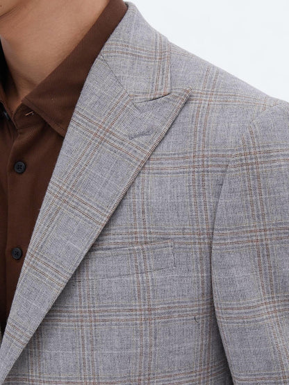 Gri Kareli Slim Fit Yün Karışımlı Ceket