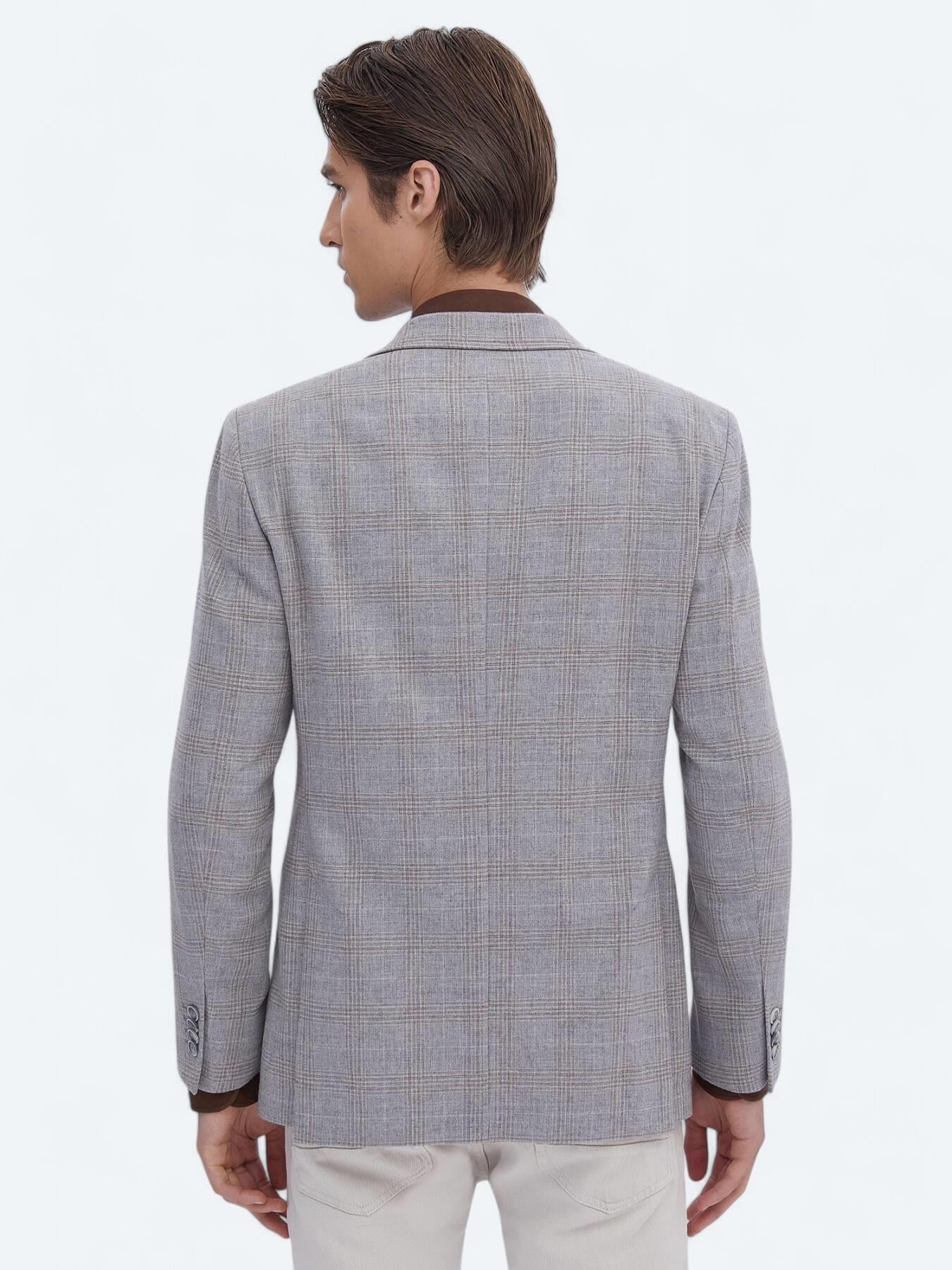 Gri Kareli Slim Fit Yün Karışımlı Ceket