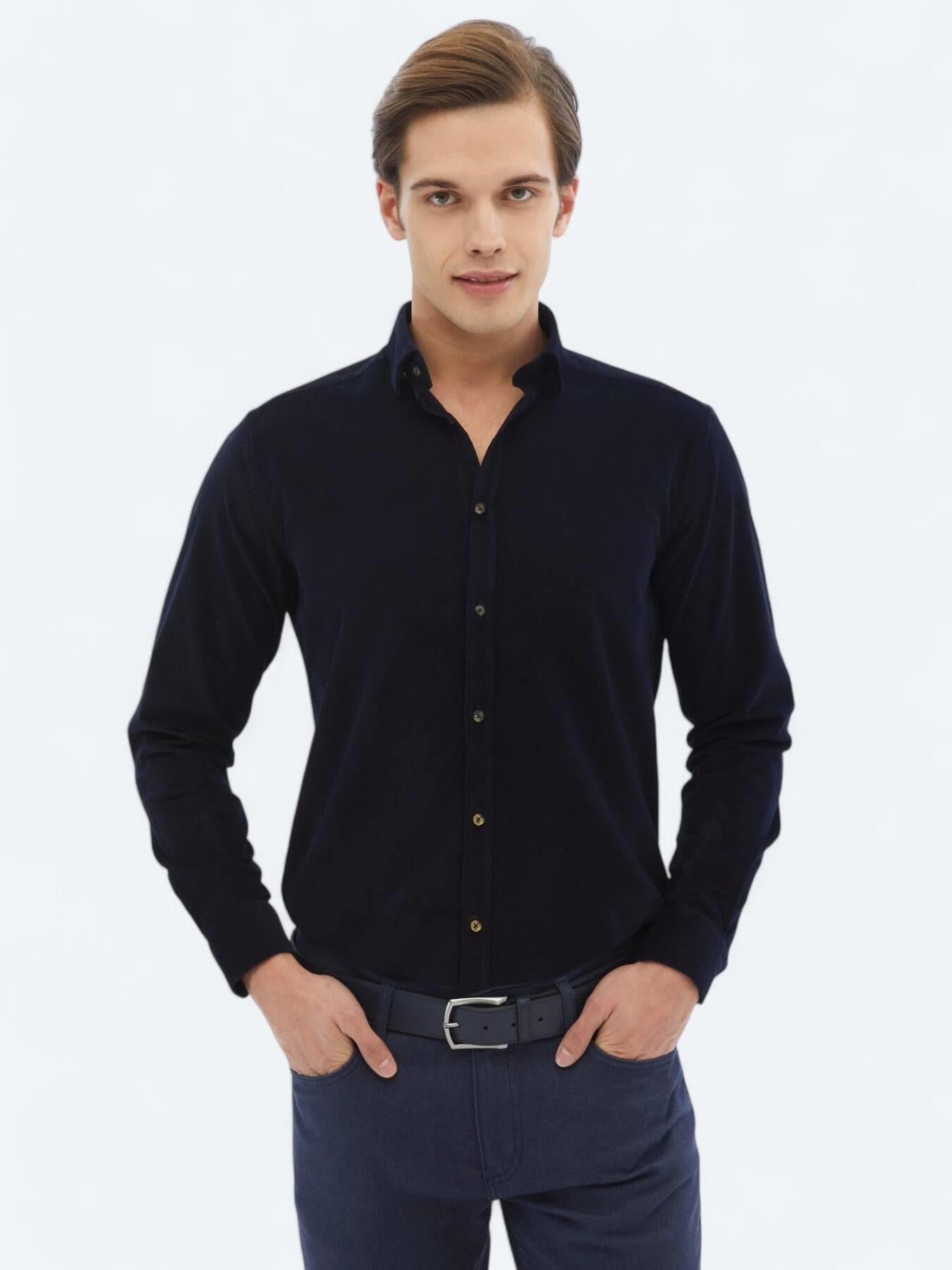 Lacivert Fitilli Regular Fit Uzun Dokuma Kadife Casual %100 Pamuk Gömlek
