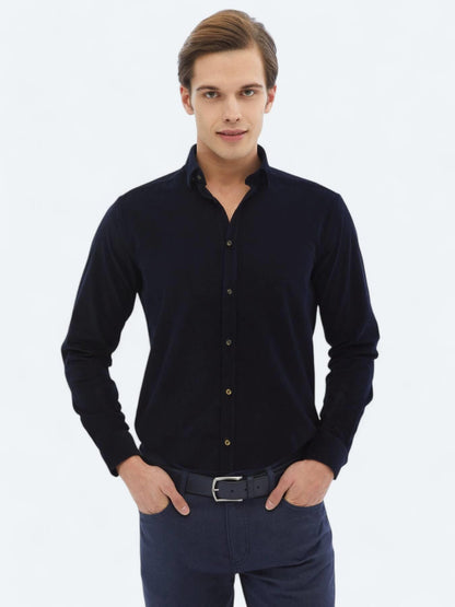 Lacivert Fitilli Regular Fit Uzun Dokuma Kadife Casual %100 Pamuk Gömlek