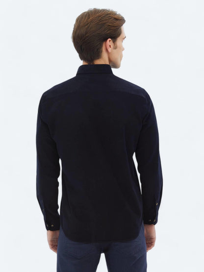 Lacivert Fitilli Regular Fit Uzun Dokuma Kadife Casual %100 Pamuk Gömlek