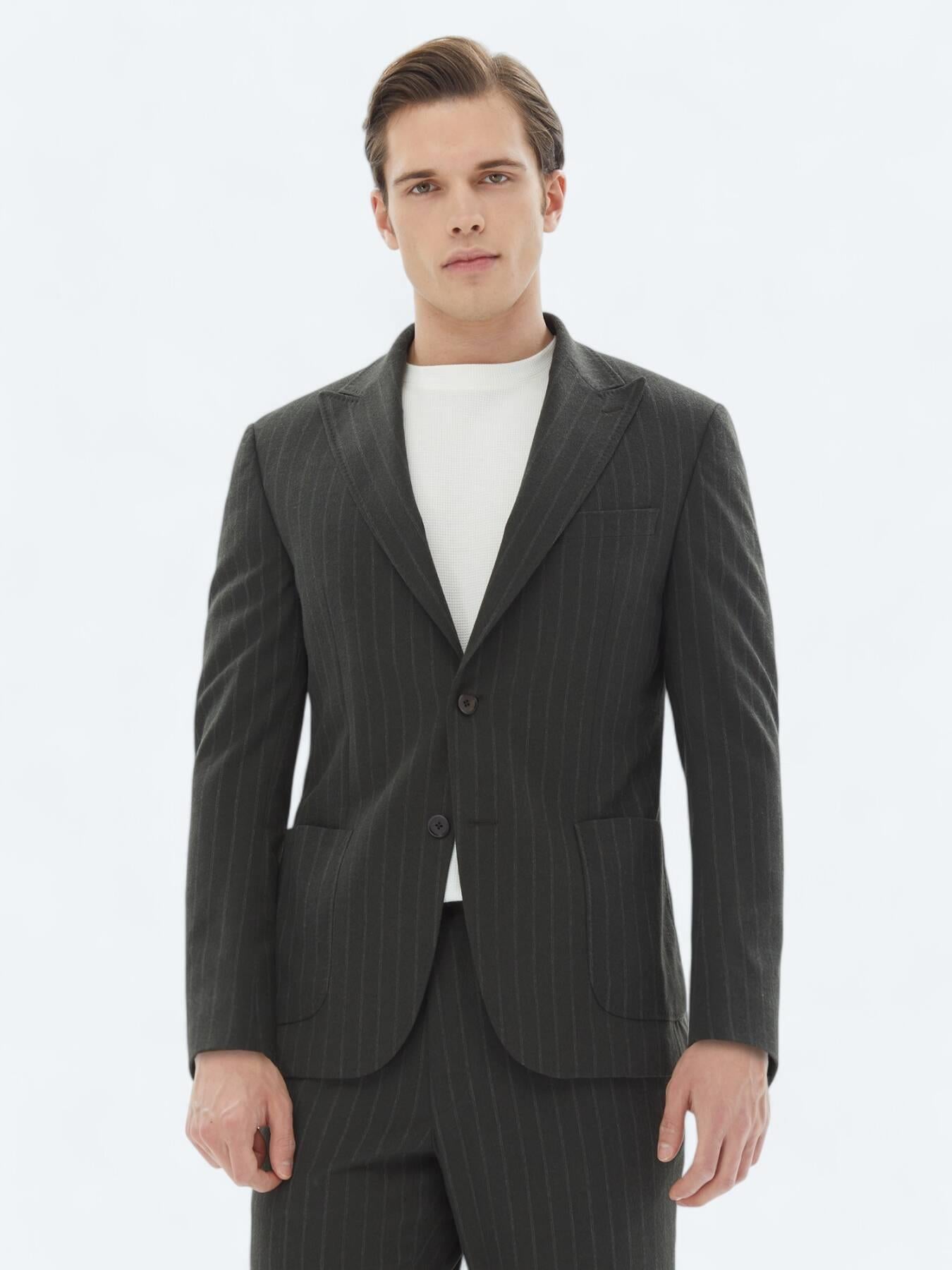 Haki Çizgili Modern Fit Takım Elbise