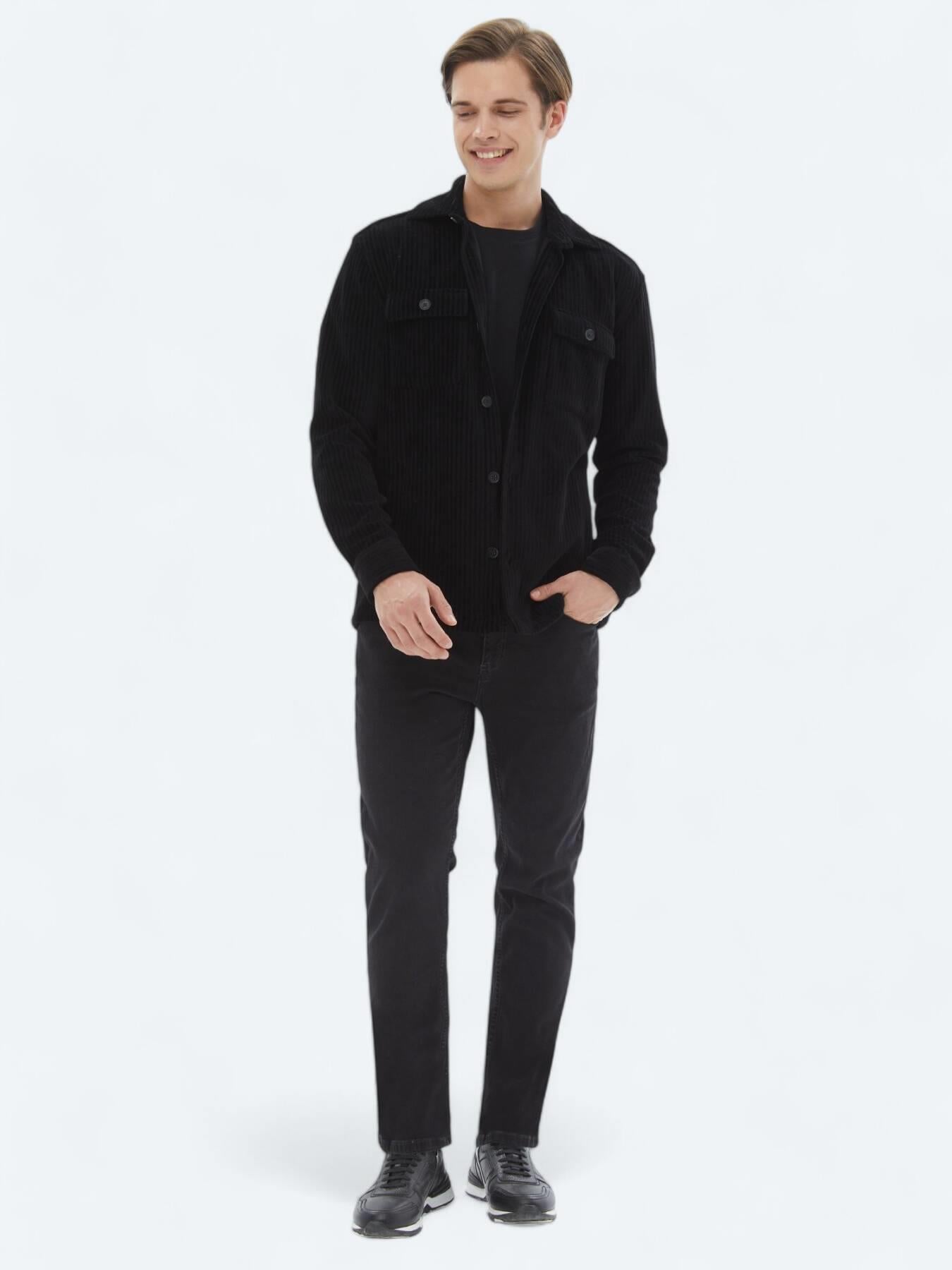 Siyah Düz Oversize Fit Pamuk Karışımlı Overshırt