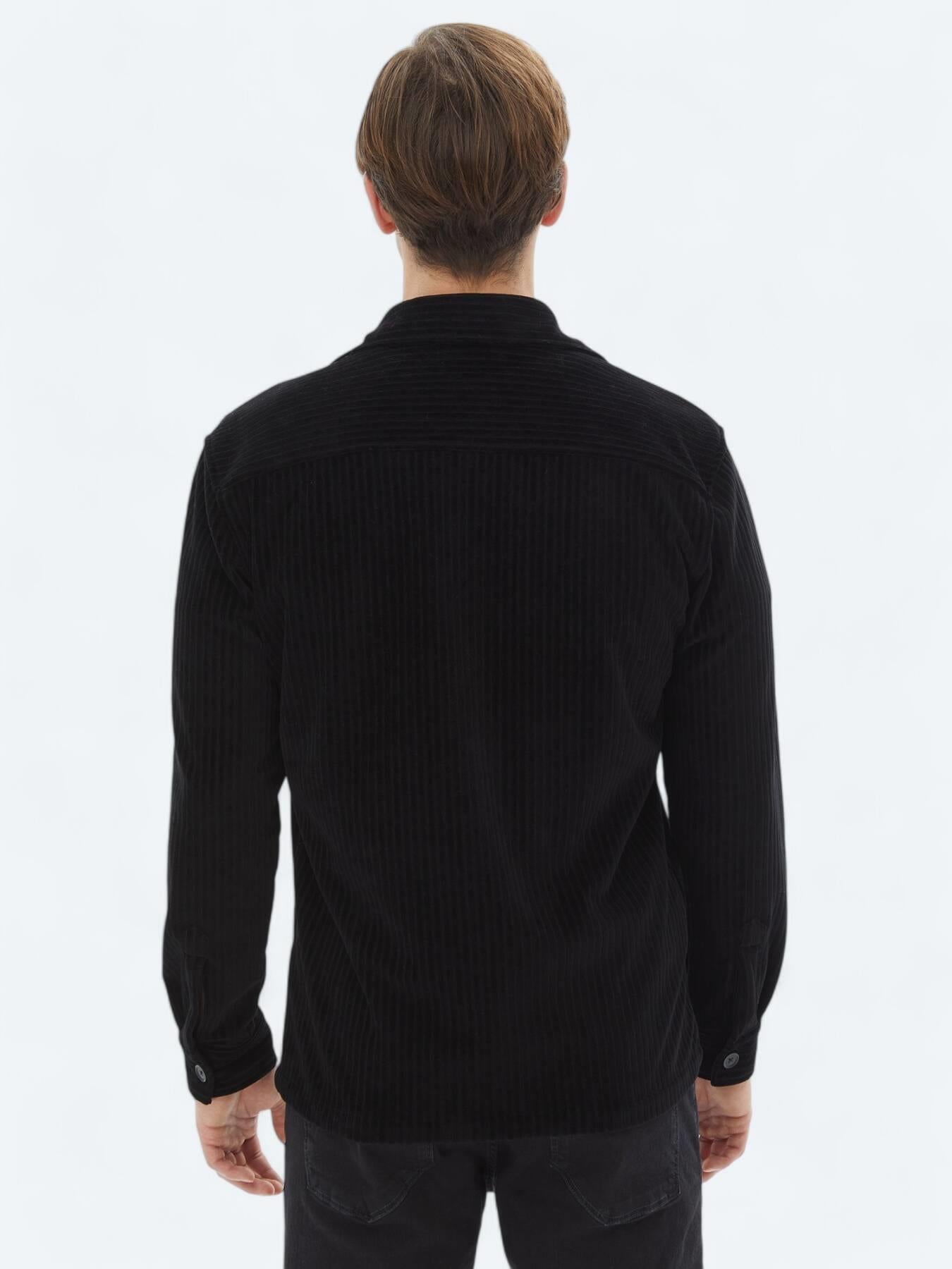 Siyah Düz Oversize Fit Pamuk Karışımlı Overshırt