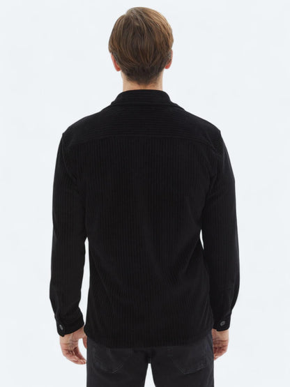 Siyah Düz Oversize Fit Pamuk Karışımlı Overshırt