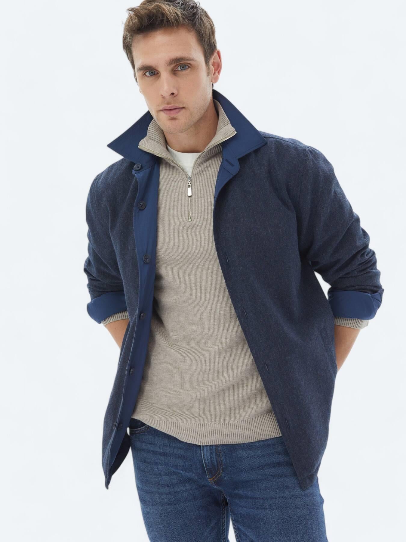 Lacivert Regular Fit Gömlek Yaka Casual Dokuma Mont