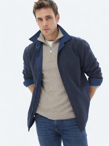 Lacivert Regular Fit Gömlek Yaka Casual Dokuma Mont