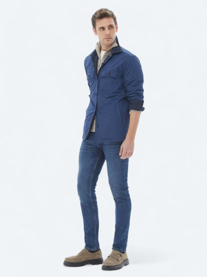 Lacivert Regular Fit Gömlek Yaka Casual Dokuma Mont