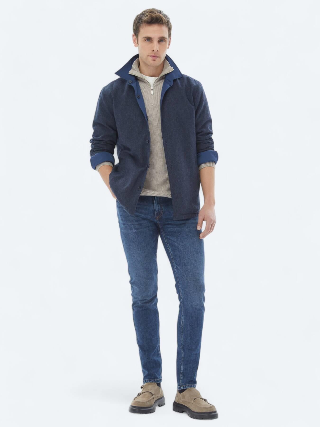 Lacivert Regular Fit Gömlek Yaka Casual Dokuma Mont