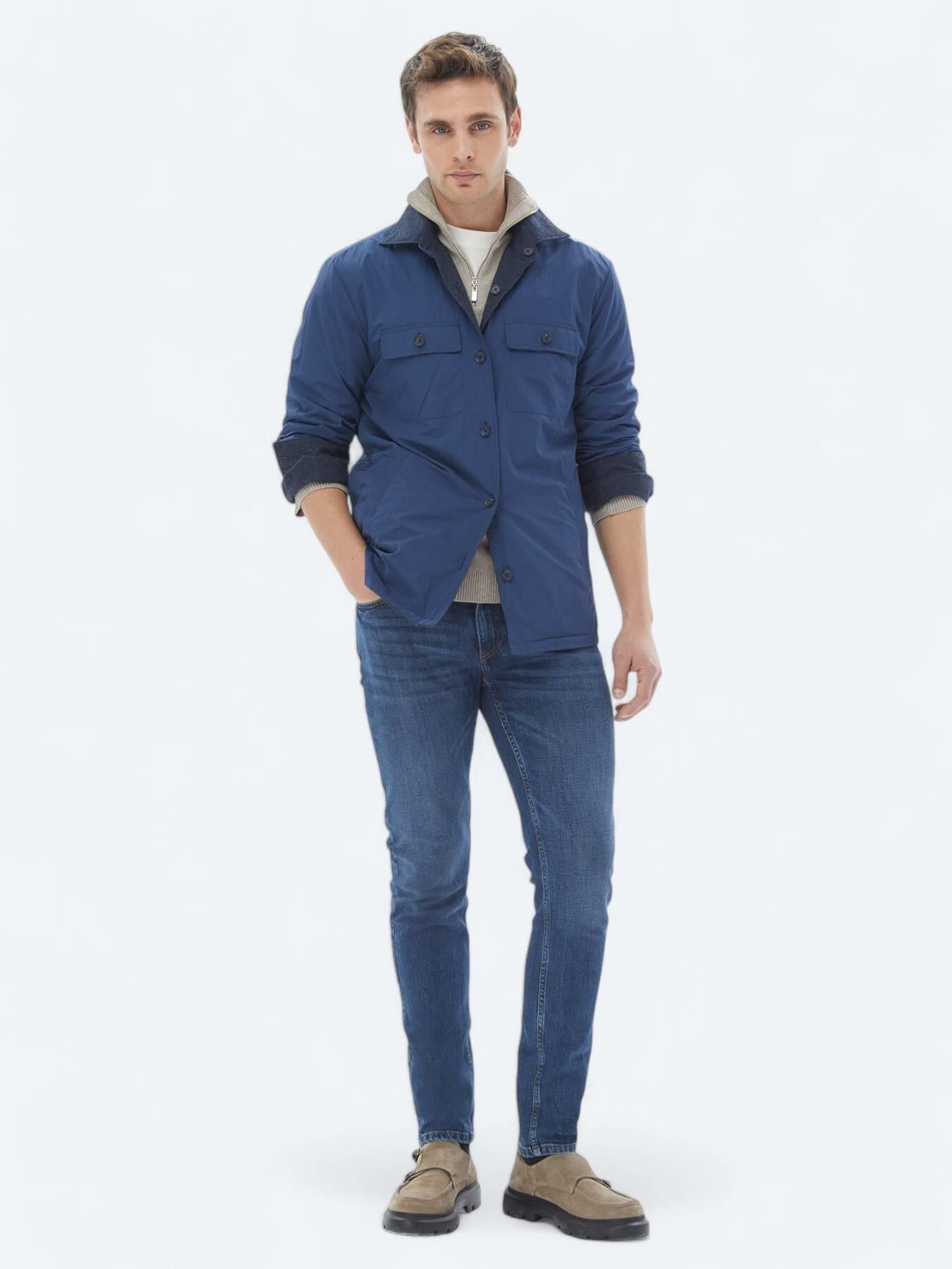 Lacivert Regular Fit Gömlek Yaka Casual Dokuma Mont