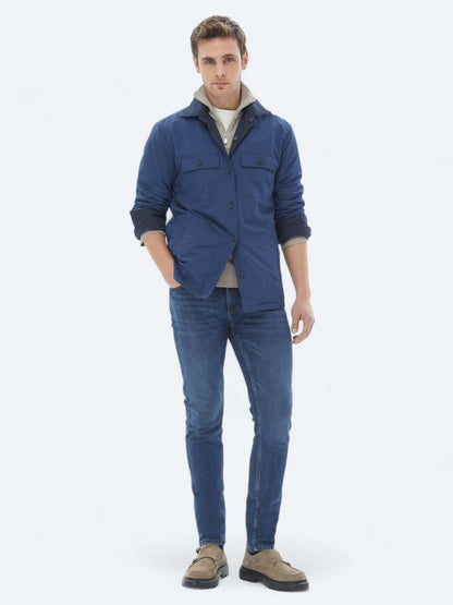 Lacivert Regular Fit Gömlek Yaka Casual Dokuma Mont