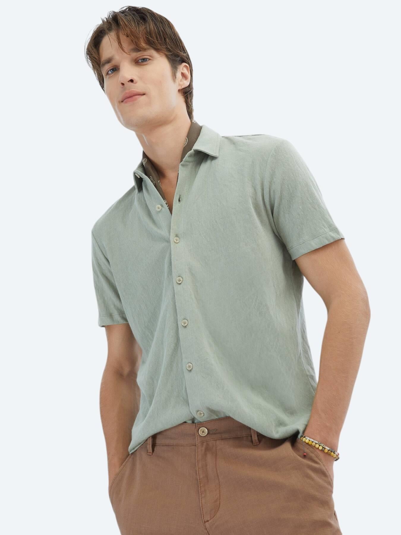 Açık Haki Düz Regular Fit Kısa Casual Pamuk Karışımlı Gömlek
