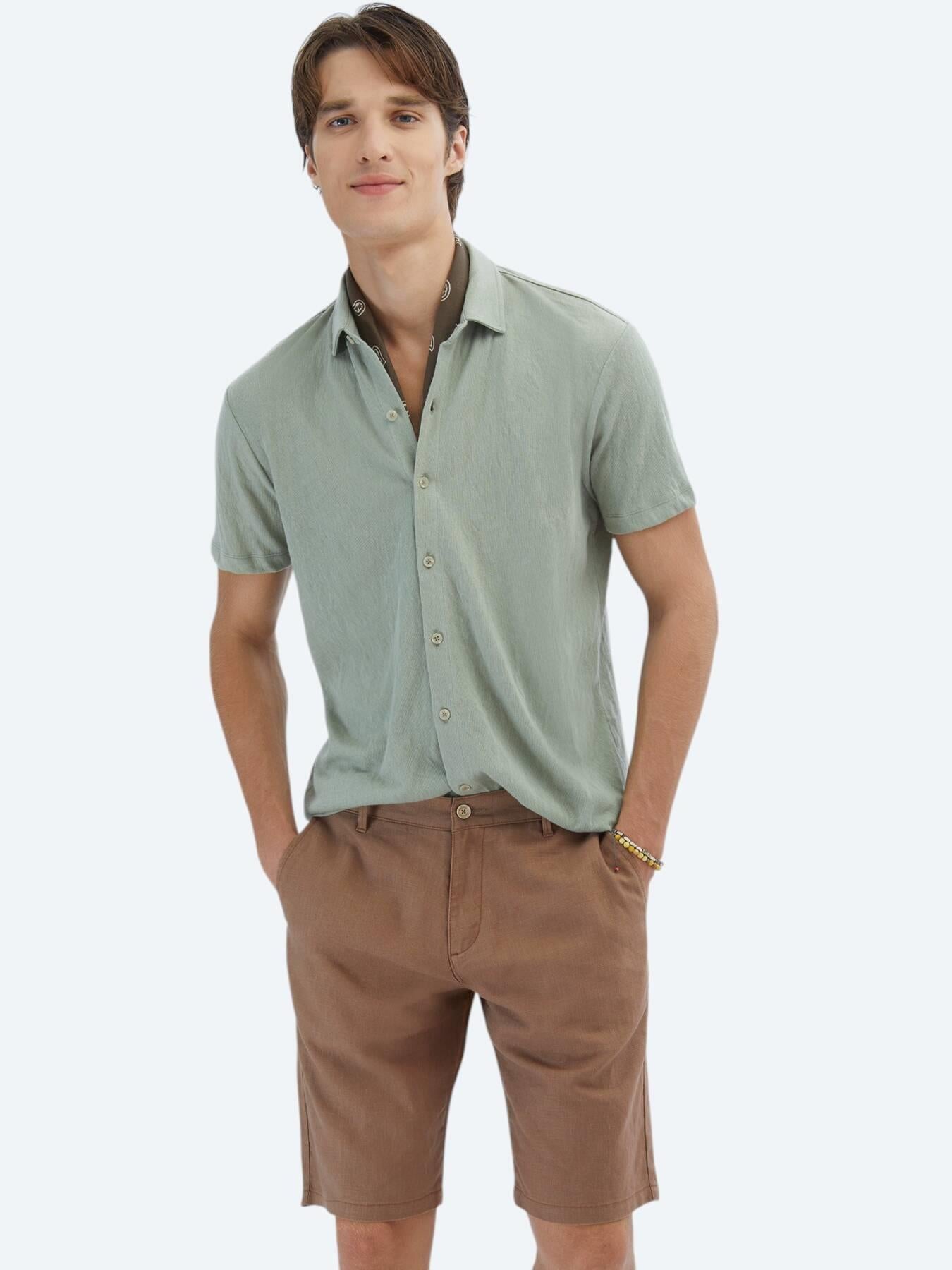 Açık Haki Düz Regular Fit Kısa Casual Pamuk Karışımlı Gömlek