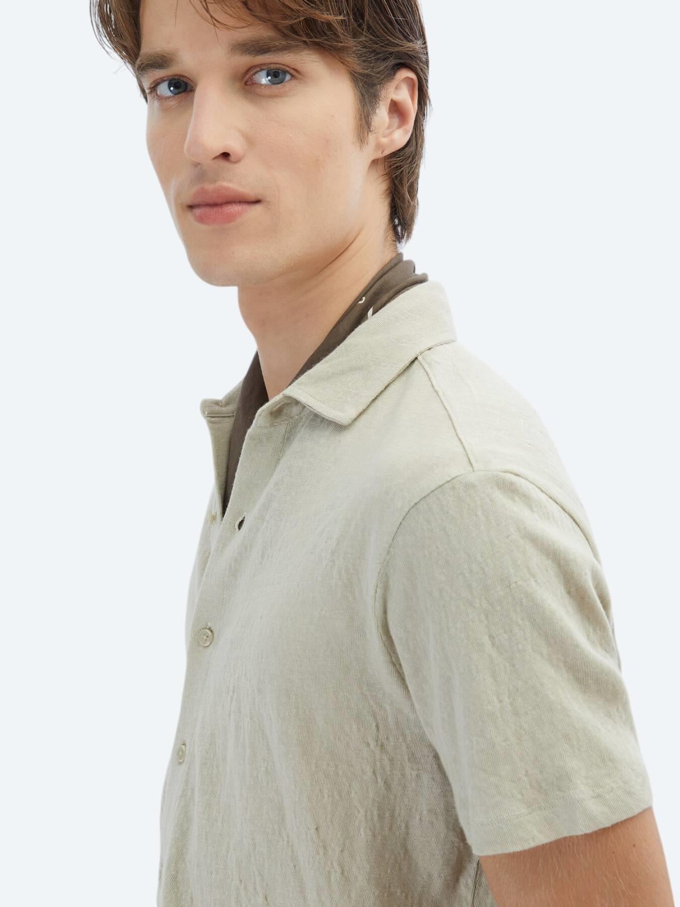 Bej Düz Regular Fit Kısa Casual Pamuk Karışımlı Gömlek