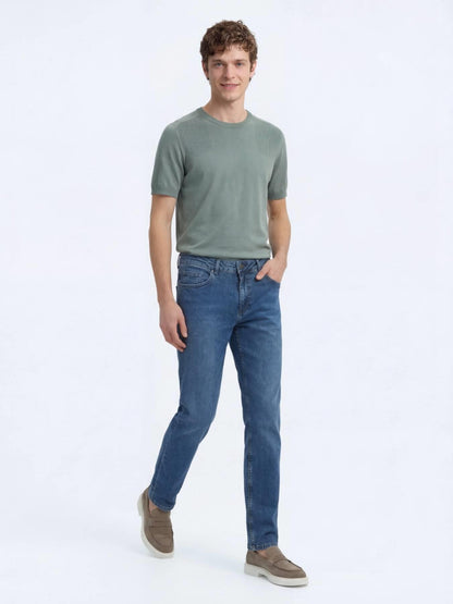 Orta Mavi Slim Fit Çevre Dostu Denim Pamuk Karışımlı Pantolon