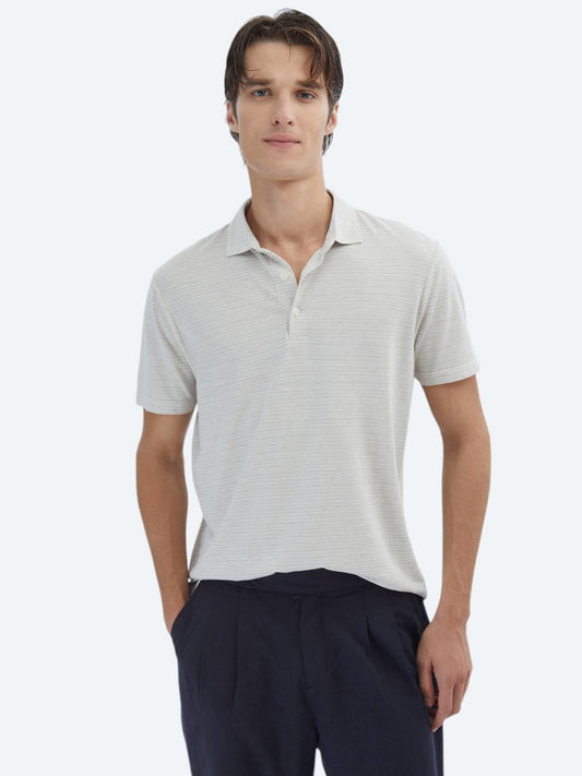 Bej Çizgili Polo Yaka Pamuk Karışımlı T-shirt