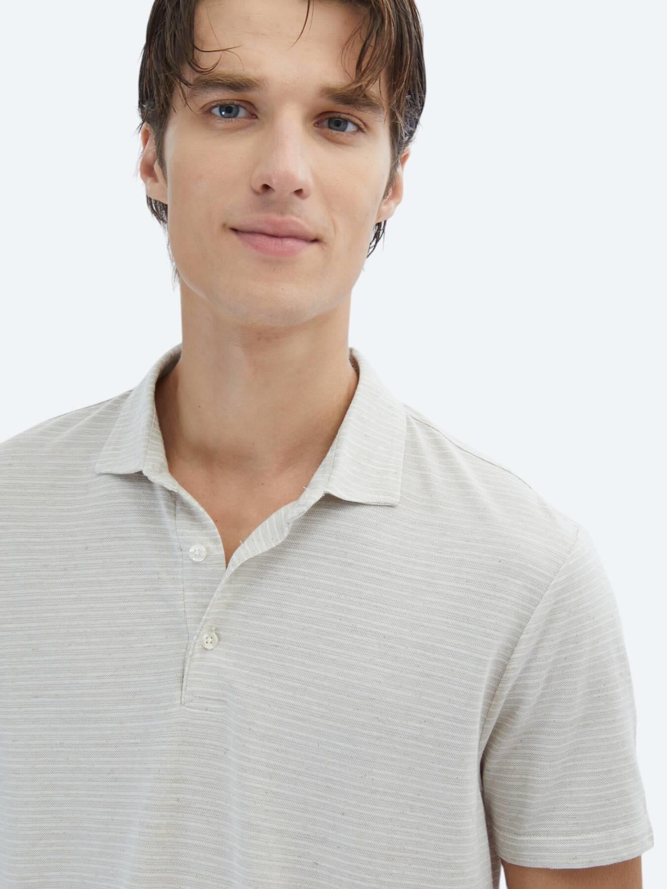 Bej Çizgili Polo Yaka Pamuk Karışımlı T-shirt
