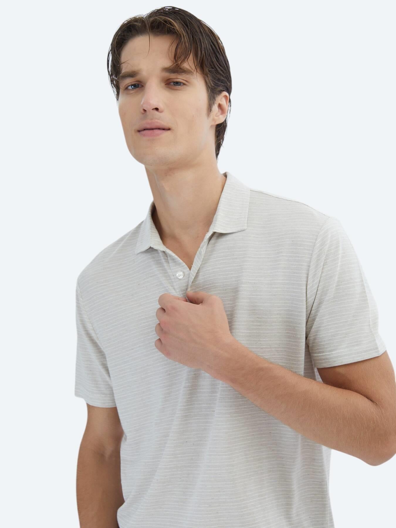 Bej Çizgili Polo Yaka Pamuk Karışımlı T-shirt