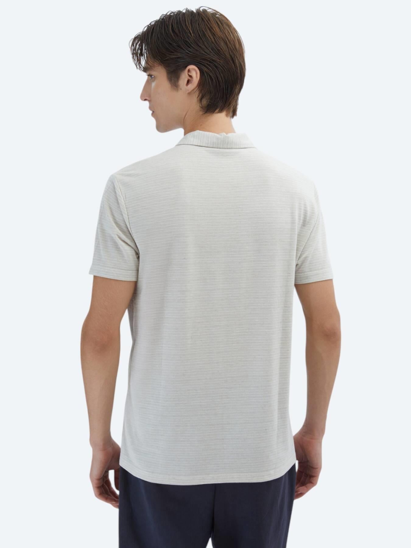 Bej Çizgili Polo Yaka Pamuk Karışımlı T-shirt