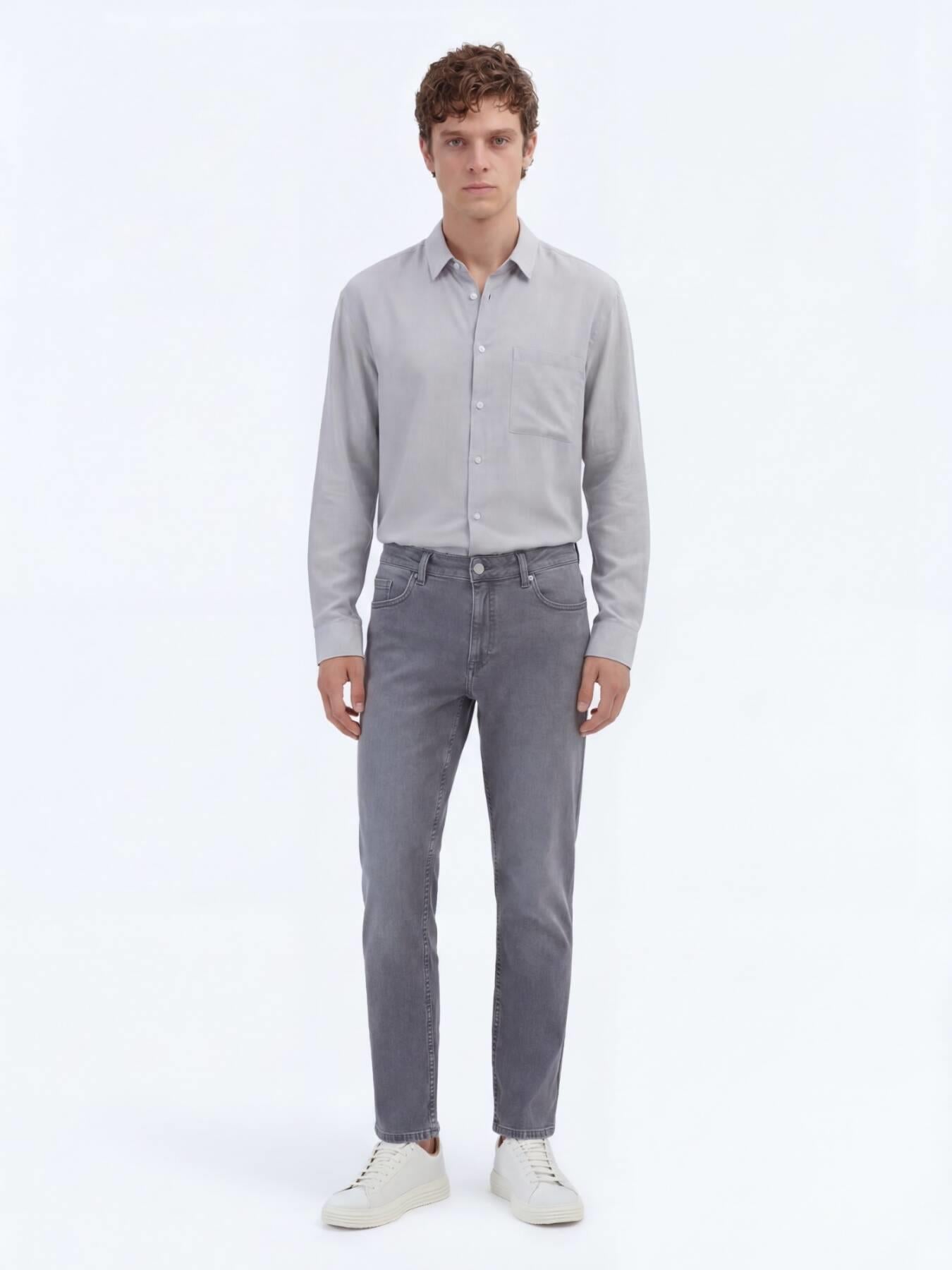 Gri Slim Fit Denim Pamuk Karışımlı Pantolon