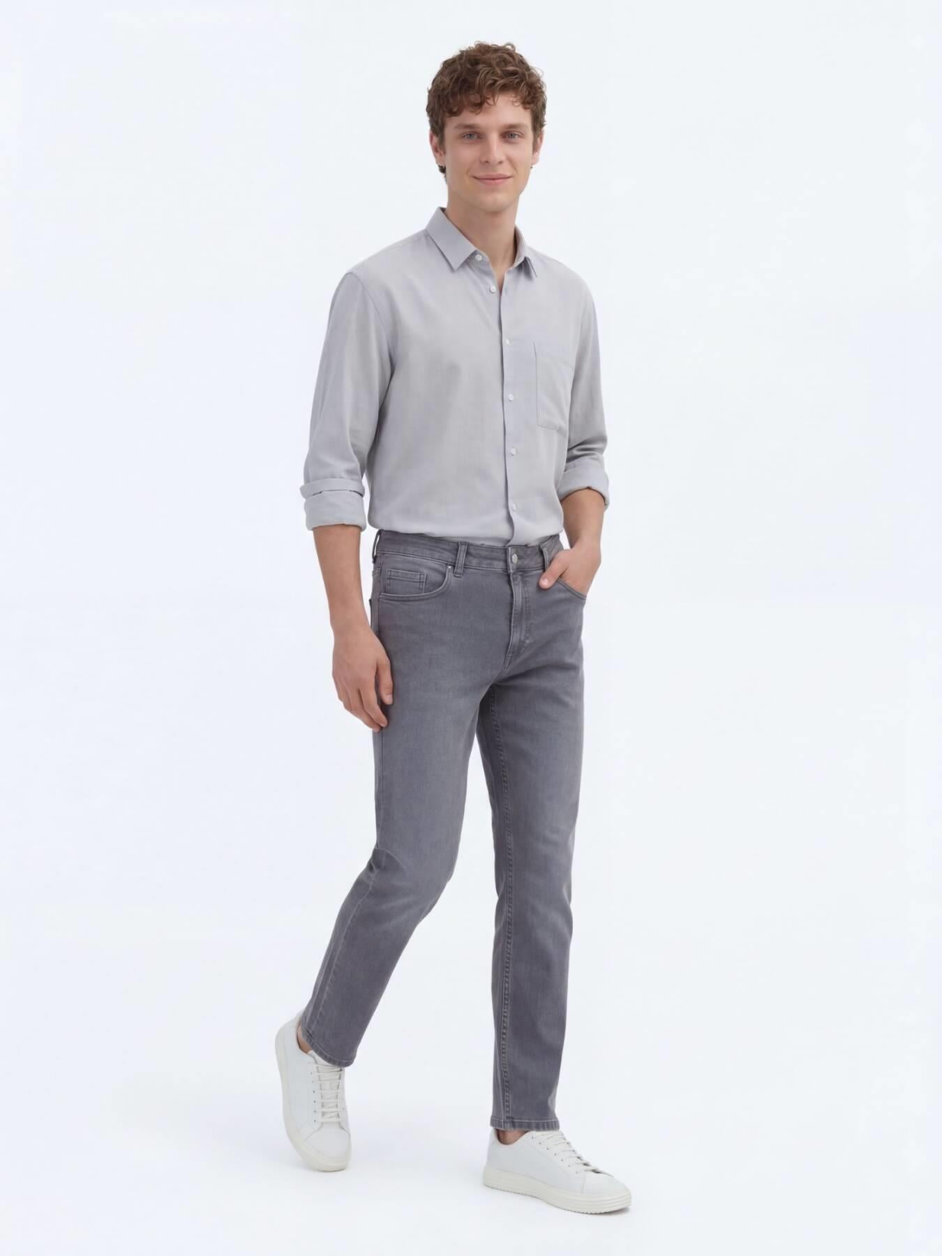Gri Slim Fit Denim Pamuk Karışımlı Pantolon