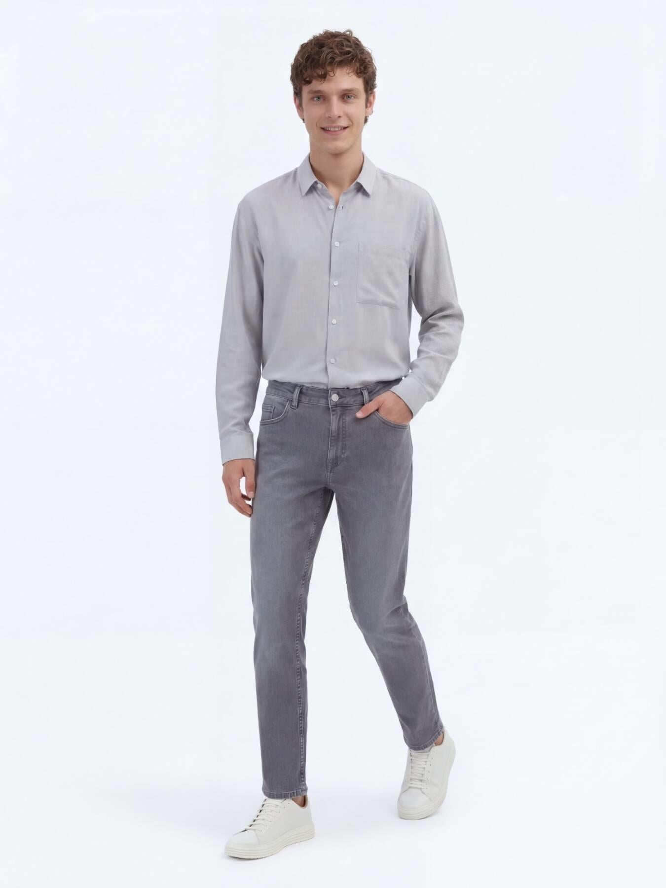 Gri Slim Fit Denim Pamuk Karışımlı Pantolon