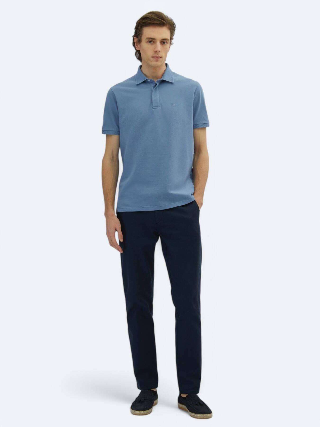 Havacı Mavi Düz Polo Yaka %100 Pamuk T-shirt