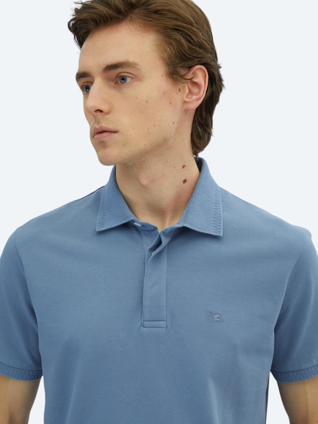 Havacı Mavi Düz Polo Yaka %100 Pamuk T-shirt
