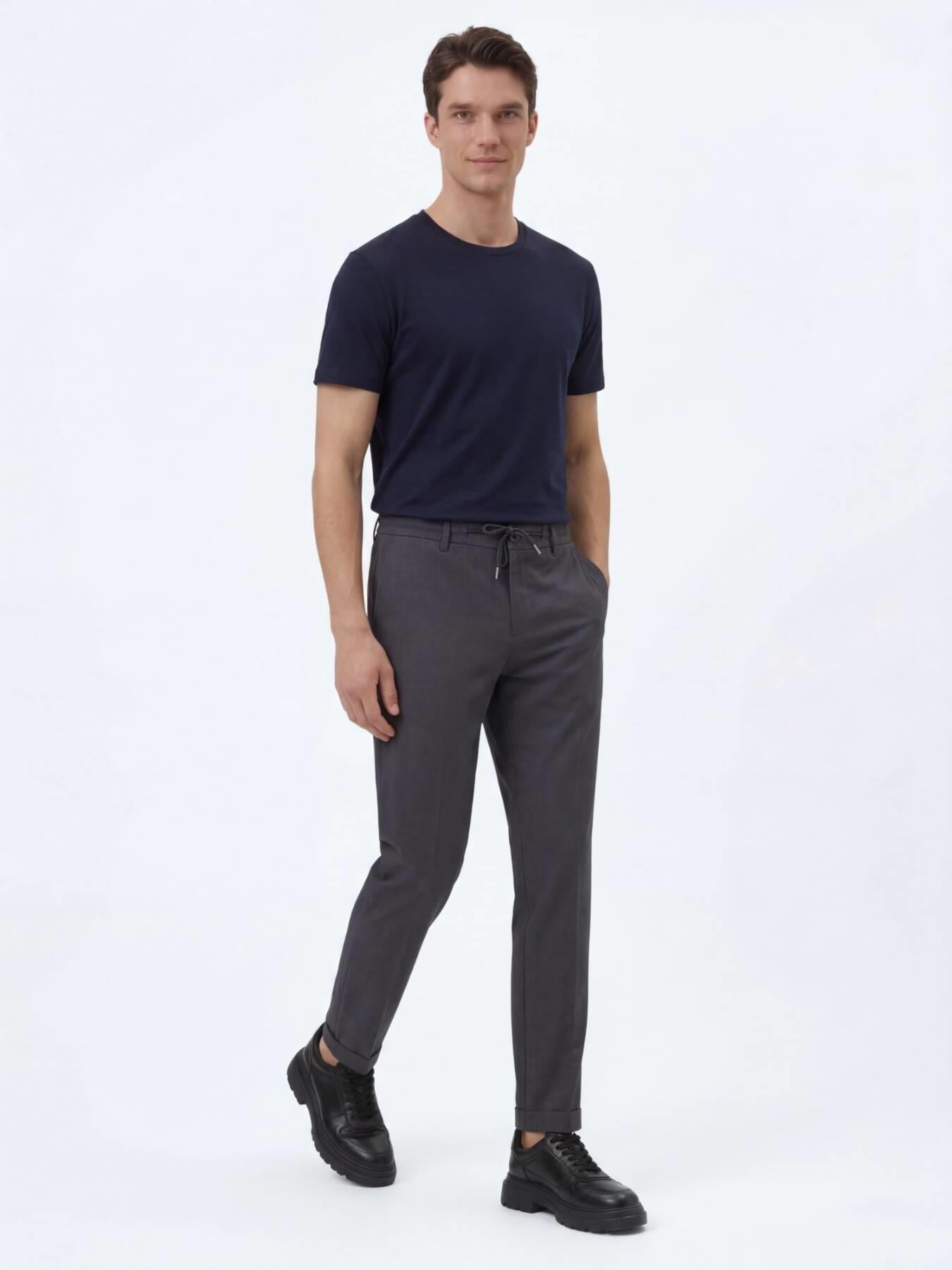 Koyu Gri Düz Dokuma Jogging Fit Casual Pamuk Karışımlı Pantolon