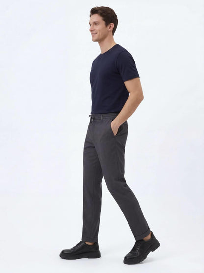 Koyu Gri Düz Dokuma Jogging Fit Casual Pamuk Karışımlı Pantolon