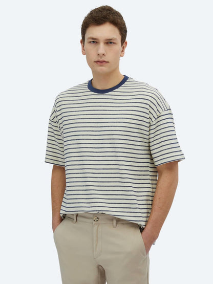 Ekru Çizgili Bisiklet Yaka %100 Pamuk T-shirt