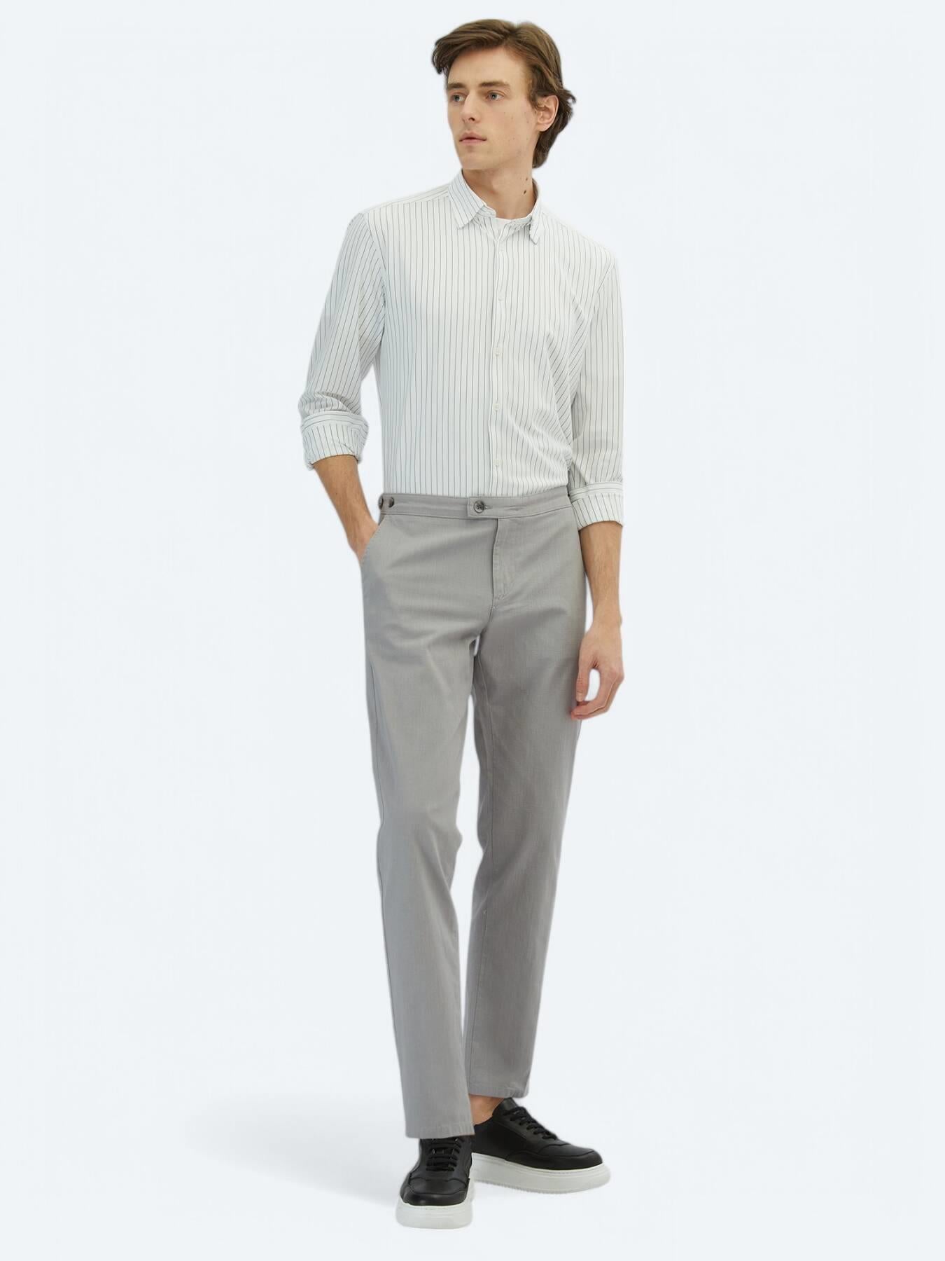 Gri Dokuma Fitted Fit Smart Casual Pamuk Karışımlı Pantolon
