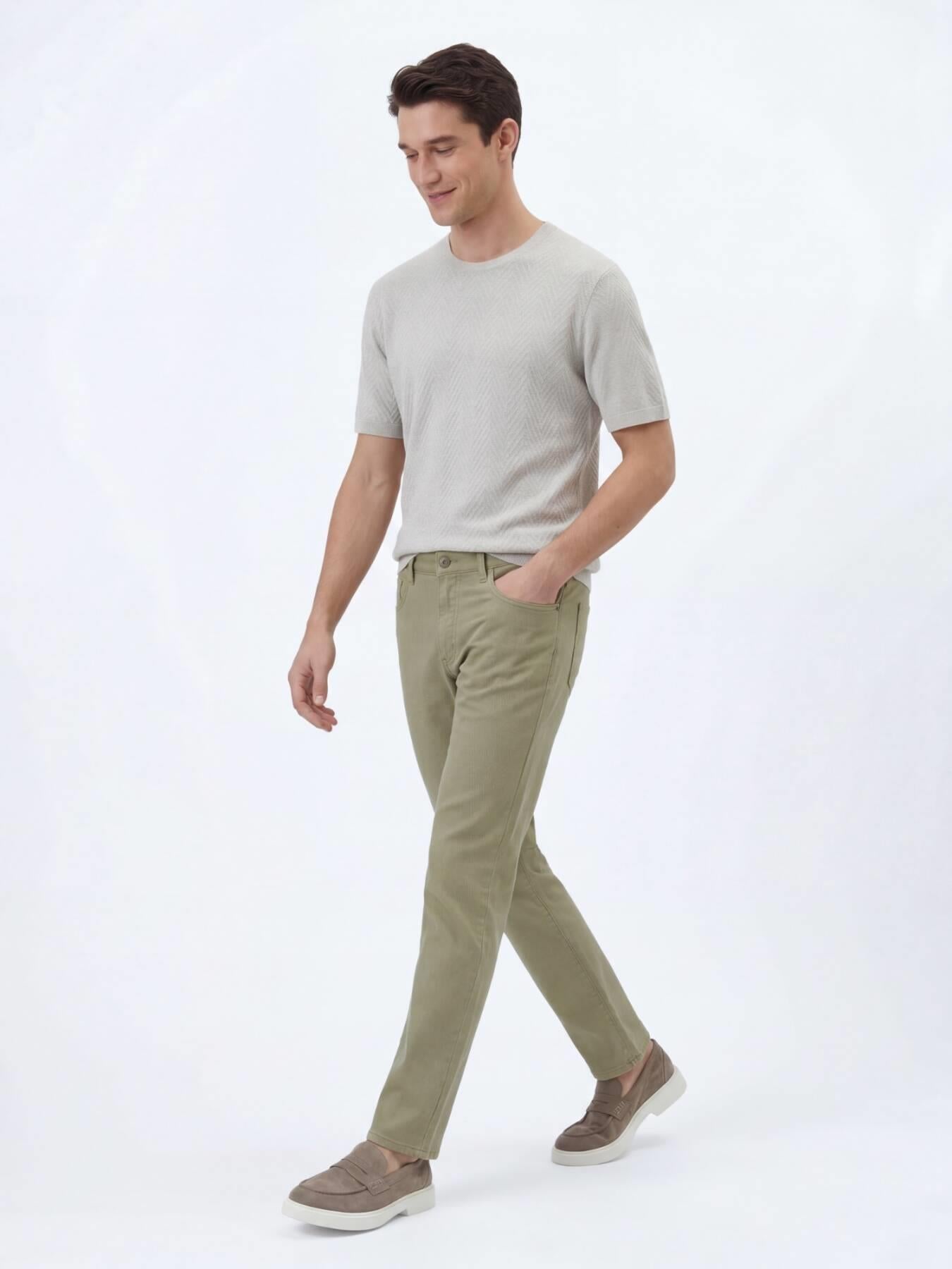Açık Yeşil Düz Dokuma Regular Fit Casual Pamuk Karışımlı Pantolon