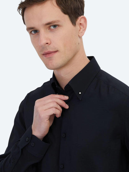Siyah Regular Fit Uzun Dokuma Casual Gömlek