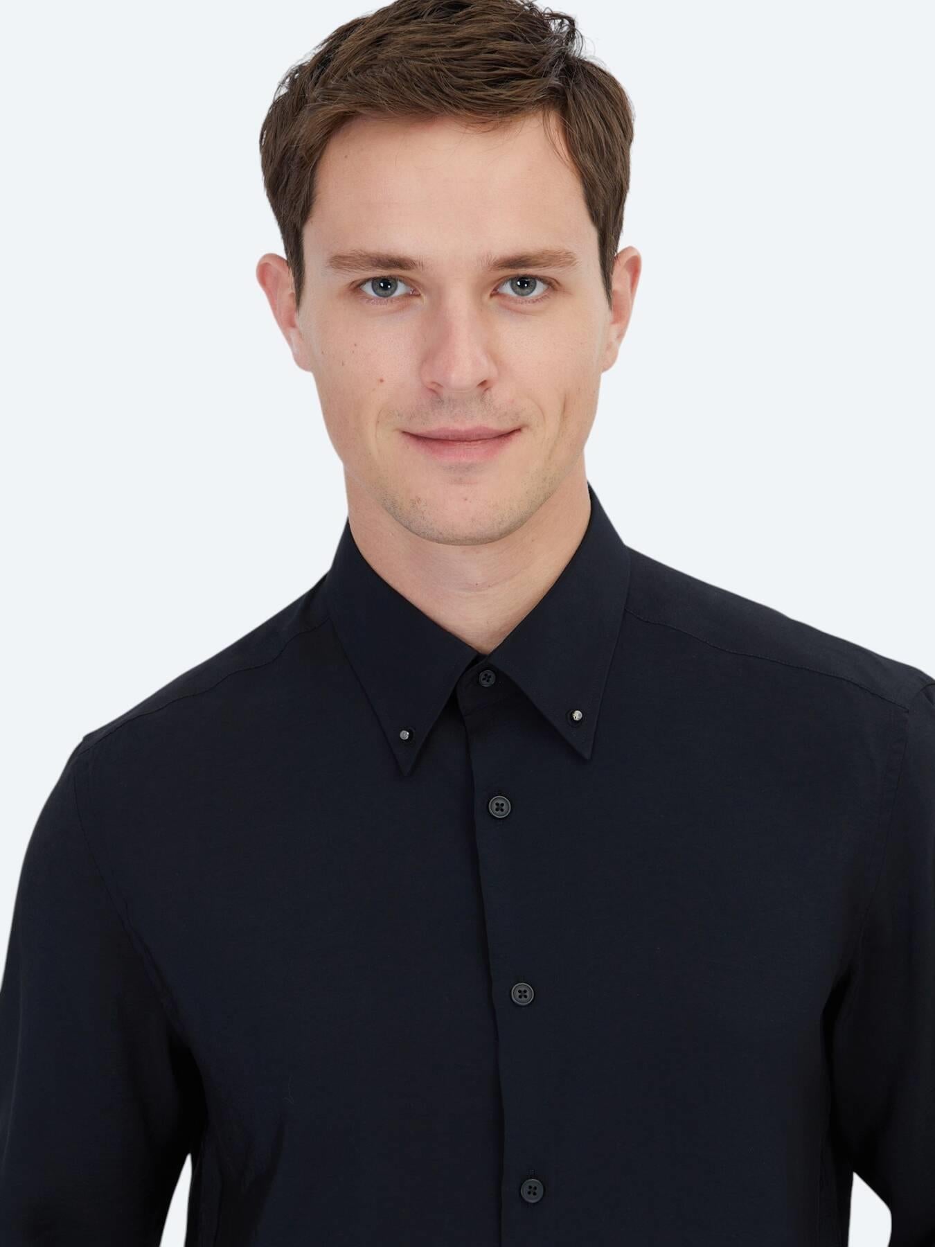 Siyah Regular Fit Uzun Dokuma Casual Gömlek