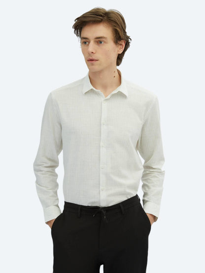 Haki Çizgili Regular Fit Uzun Dokuma Casual %100 Pamuk Gömlek
