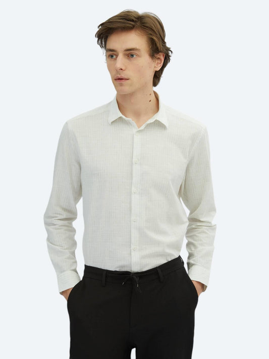 Haki Çizgili Regular Fit Uzun Dokuma Casual %100 Pamuk Gömlek