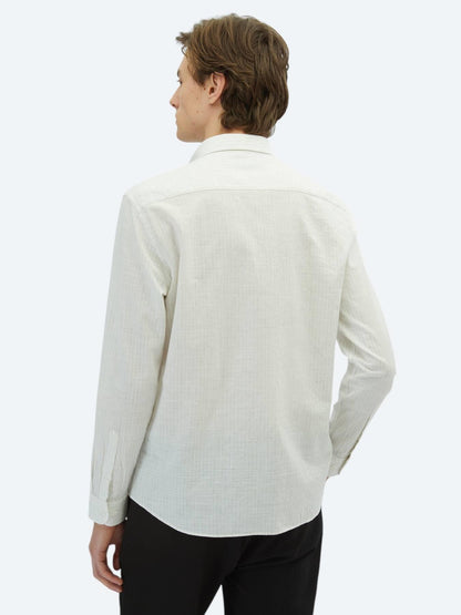 Haki Çizgili Regular Fit Uzun Dokuma Casual %100 Pamuk Gömlek