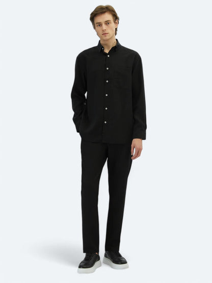 Siyah Düz Oversize Fit Uzun Dokuma Casual Gömlek
