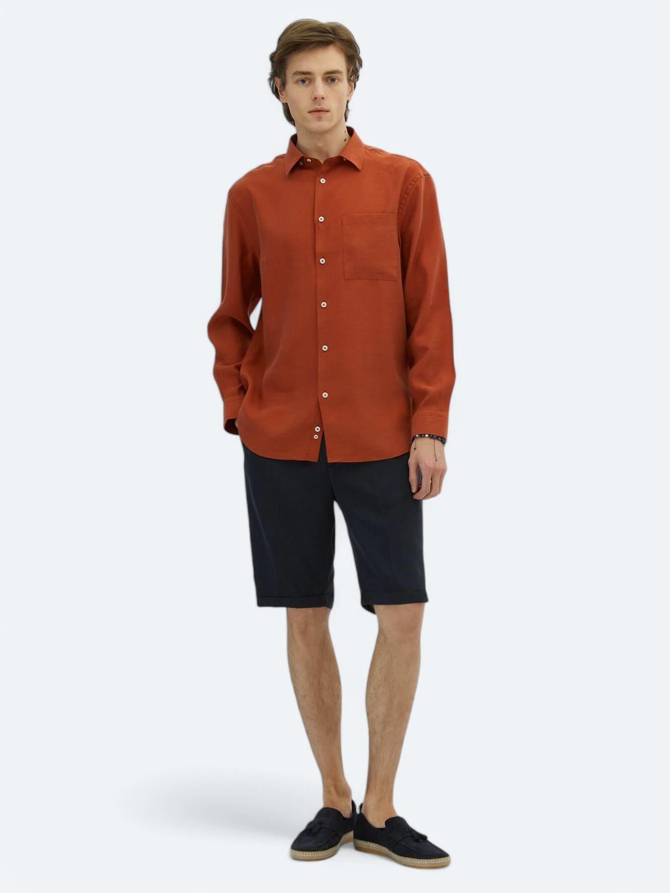 Kiremit Düz Oversize Fit Uzun Dokuma Casual Gömlek