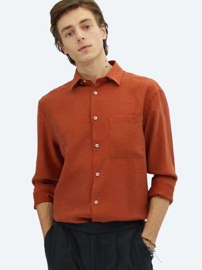 Kiremit Düz Oversize Fit Uzun Dokuma Casual Gömlek