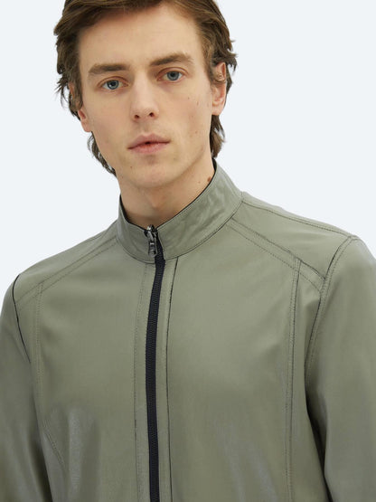 Lacivert Regular Fit Dik Yaka Smart Casual Deri Çift Taraflı Deri Mont