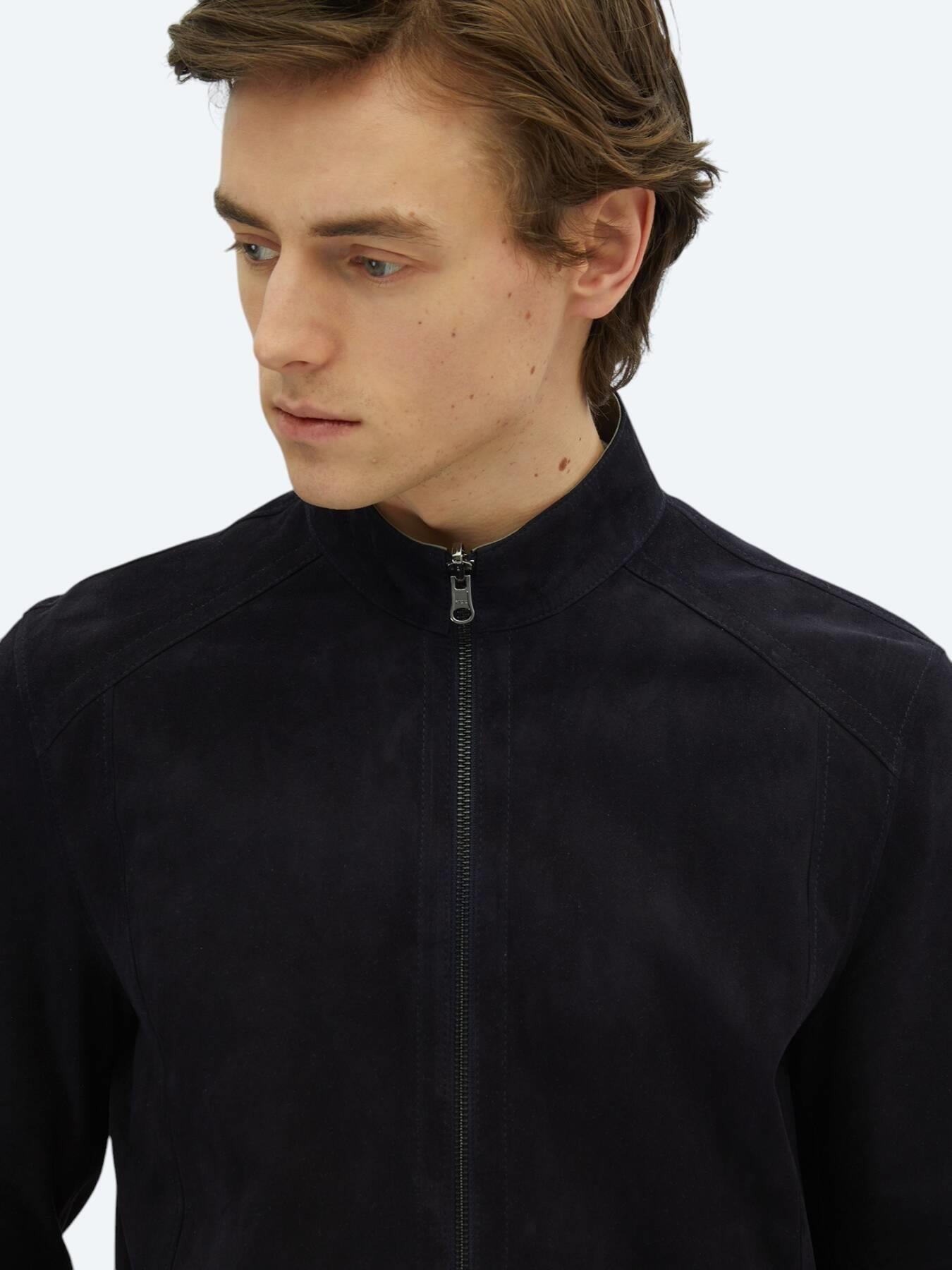 Lacivert Regular Fit Dik Yaka Smart Casual Deri Çift Taraflı Deri Mont
