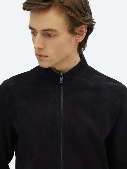 Lacivert Regular Fit Dik Yaka Smart Casual Deri Çift Taraflı Deri Mont