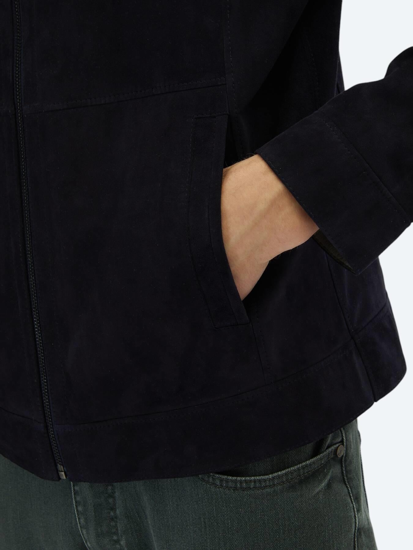 Lacivert Regular Fit Dik Yaka Smart Casual Deri Çift Taraflı Deri Mont