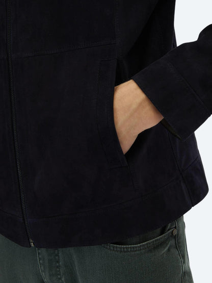 Lacivert Regular Fit Dik Yaka Smart Casual Deri Çift Taraflı Deri Mont
