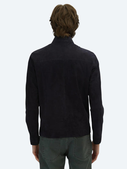 Lacivert Regular Fit Dik Yaka Smart Casual Deri Çift Taraflı Deri Mont