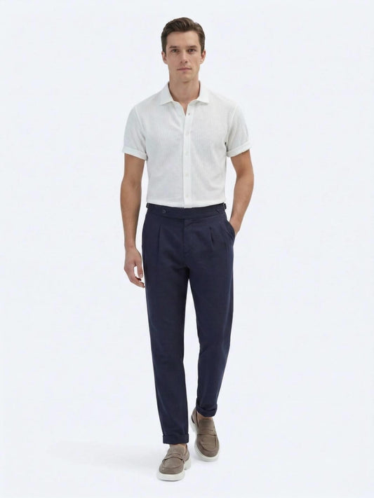 Lacivert Dokuma Carrot Fit Casual Pamuk Karışımlı Pantolon