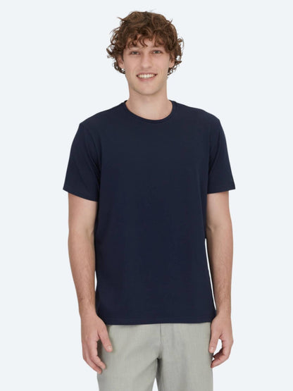 Lacivert Düz Bisiklet Yaka Pamuk Karışımlı T-shirt