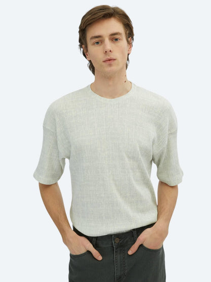 Açık Haki Baskılı Bisiklet Yaka Pamuk Karışımlı T-shirt